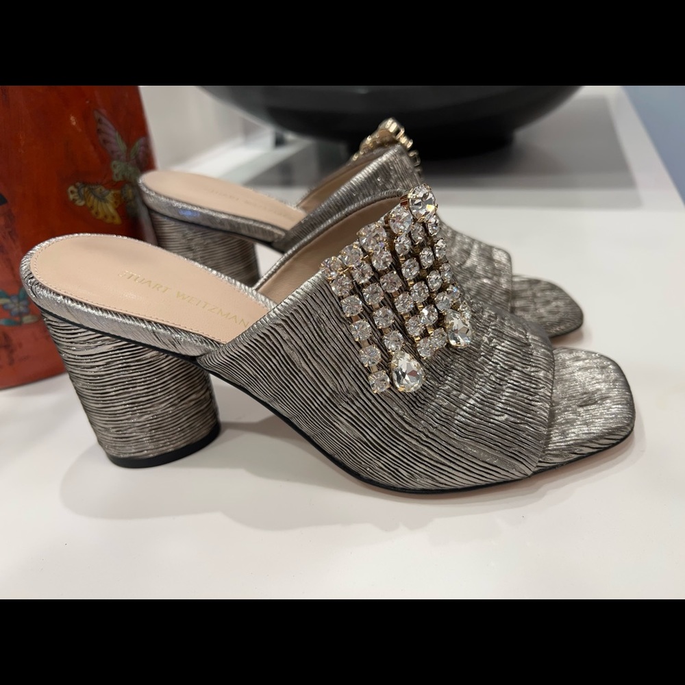 Embellished Silver Heels from Stuart Weitzman. New.